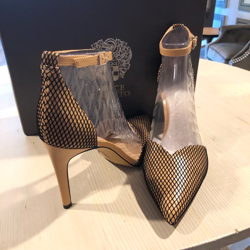 Vince Camuto Gold and Black Mesh Pointed-Toe Ankle-Strap Heels